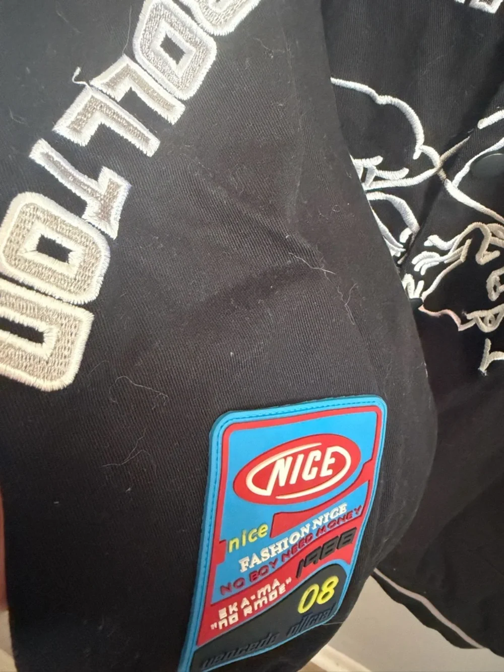 Men's Black Graphic Bomber Jacket with White Embroidery - Picture 10 of 12